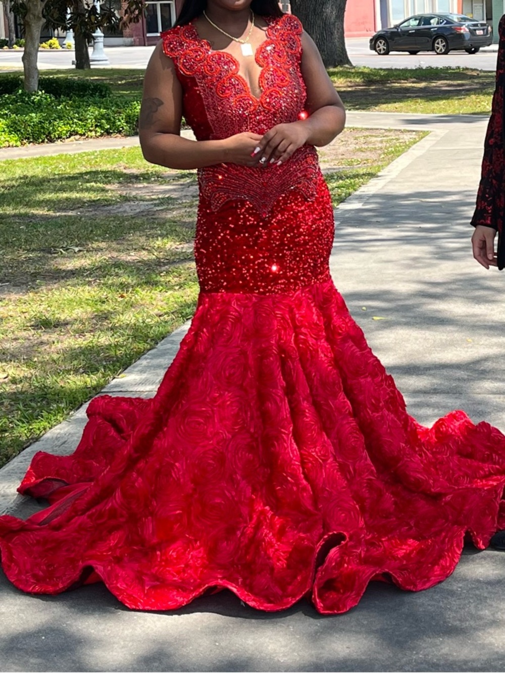 Red Sequin & Rosette Mermaid Prom Gown